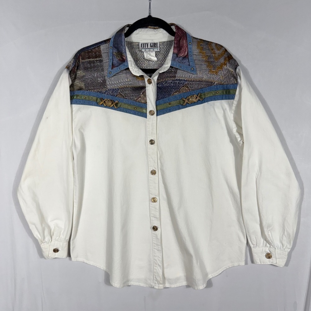 Vtg City Girl Sport Tapestry Yoke Western Button Up Shirt Sz 12 80s 90s Cowgirl